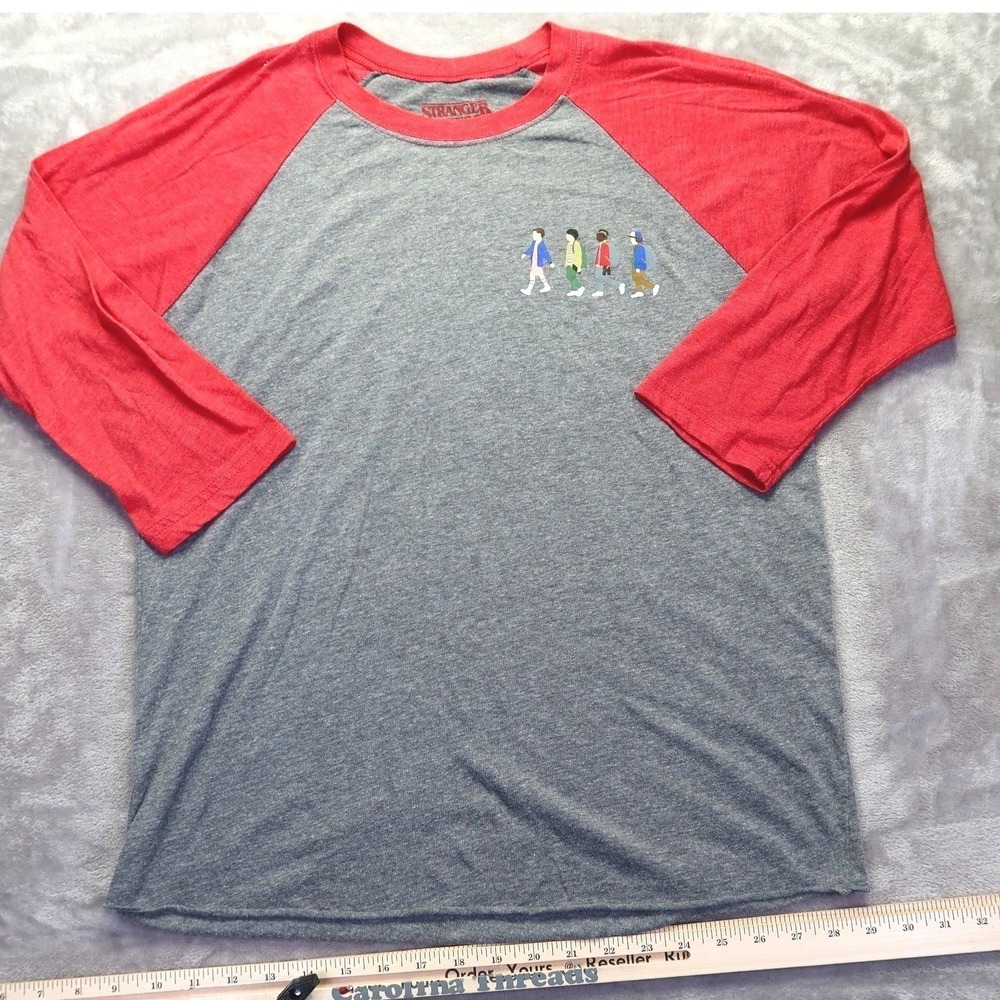 Stranger Things Graphic Baseball Tee Men's Size L Gray Red Raglan